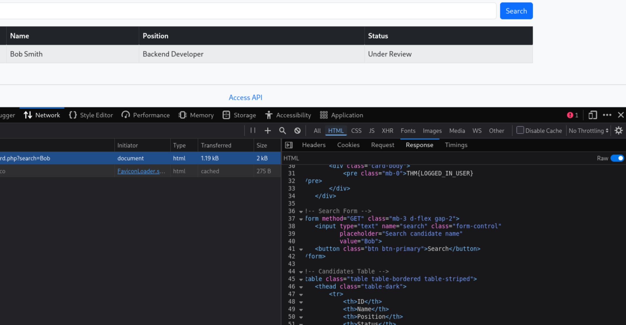 Dev Tools Network tab showing search GET parameter and Bob Smith result